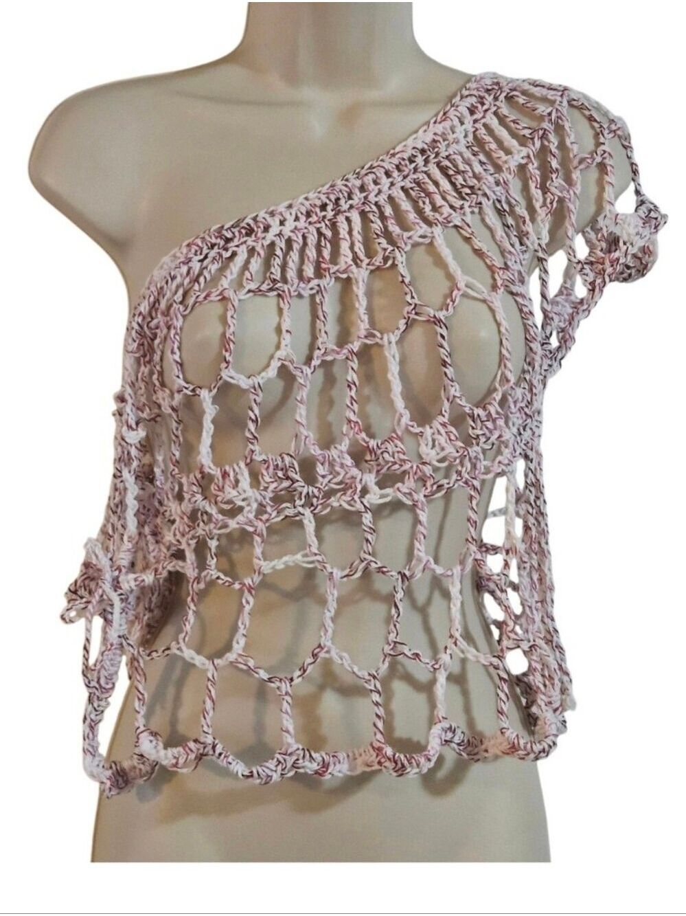 Handmade Crochet Open Work Top One Of A Kind Shaded Crimson 100% Cotton Versatil - Picture 6 of 16